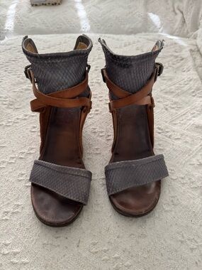 A.S.98 Gray Fabric & Brown Leather Strappy Sandals